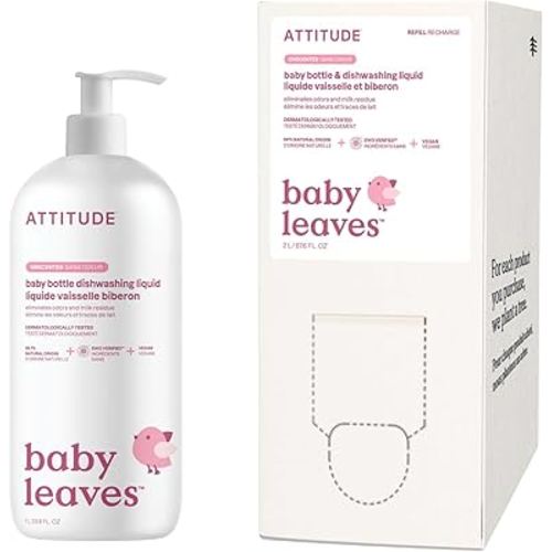 Bundle of ATTITUDE Baby Dish Soap, Plant-Based Dish Liquid, Extra Gentle on Sensitive Skin, Tough on Milk Residue & Grease on Bottles, Fragrance Free, 33.8 Fl Oz + Bulk Refill 67.6 Fl Oz