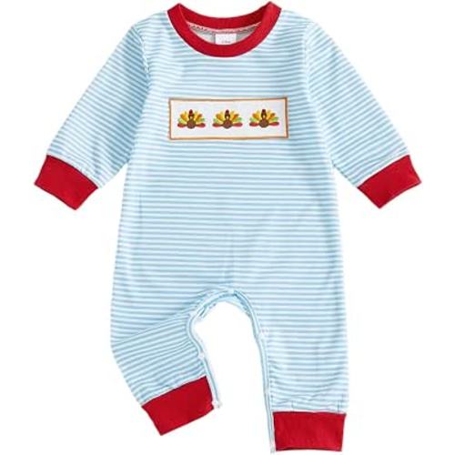 Sasaerucure Infant Newborn Baby boy Thanksgiving Outfit Turkey Embroidery Striped Long Sleeve Romper Jumpsuit