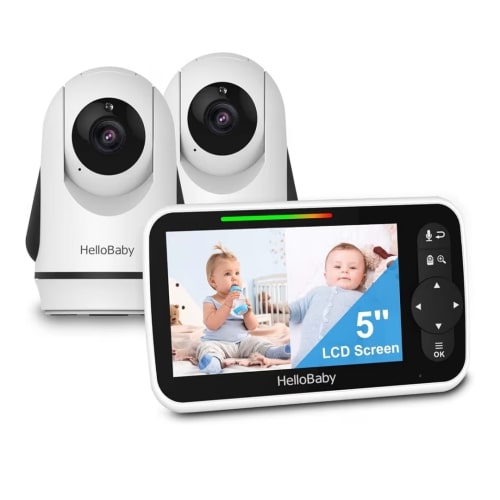 HelloBaby Video Baby Monitor with 2 Cameras and 5 Inch Split Screen Display, Remote Control Cameras with Night Vision and Temprature Monitoring