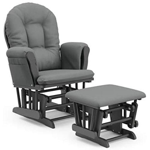 Storkcraft Premium Hoop Glider and Ottoman (Gray Base, Gray Cushion) – Padded Cushions with Storage Pocket, Smooth Rocking Motion, Easy to Assemble, Solid Hardwood Base - Gray/Gray