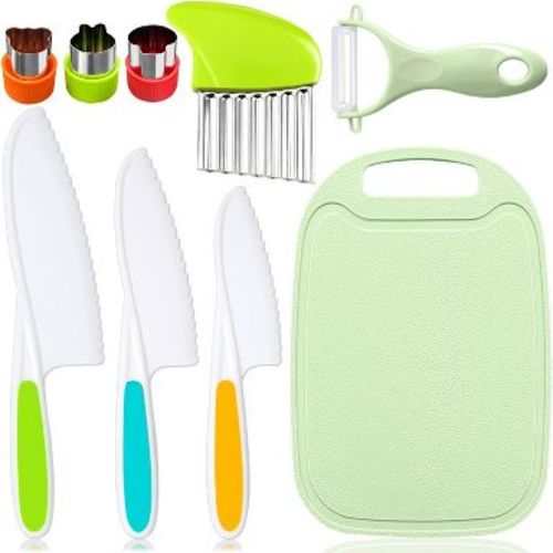 BRINJOY 9-Piece Kids Kitchen Knife Set - Child-Safe Cooking Tools with Cutting Board, Y-Peeler, Wavy Cutter & Serrated Plastic Blades for Toddlers