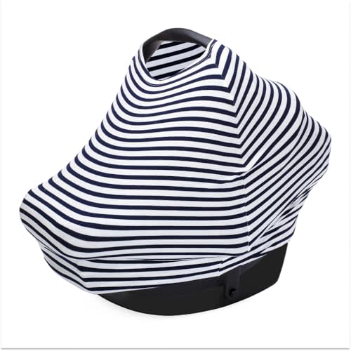 Parker Baby 4 in 1 Car Seat Cover for Boys - Stretchy Carseat Canopy, Nursing Cover, Grocery Cart Cover, High Chair Cover - Navy/White Stripes