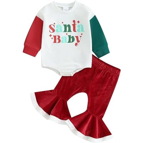 Baby Girl My 1st Christmas Outfits Letter Long Sleeve Romper Tops+Bell Bottom Pants+Headband 3 Pcs Clothes Set