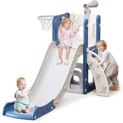 6 in 1 Toddler Slide for Toddlers Age 1-3, Extra-Long Slide with Basketball Hoop Indoor and Outdoor Baby Climber Playset Playground Freestanding Slide (White+Blue)