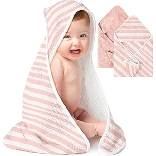 Konssy 2-Pack Muslin Hooded Baby Towels, 100% Cotton, Ultra-Soft & Absorbent Baby Bath Towels with Hood for Newborn & Infant (Pink, Stripe, 32" x 32")