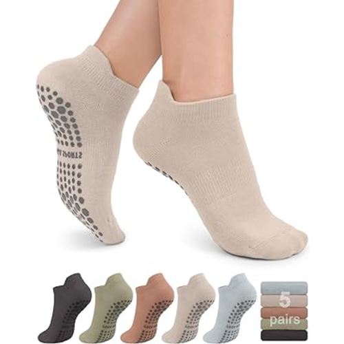 5 Pairs Pilates Grip Socks Yoga Socks with Grips for Women, Non-Slip Athletic Socks for Ballet, Dance, Workout, Hospital