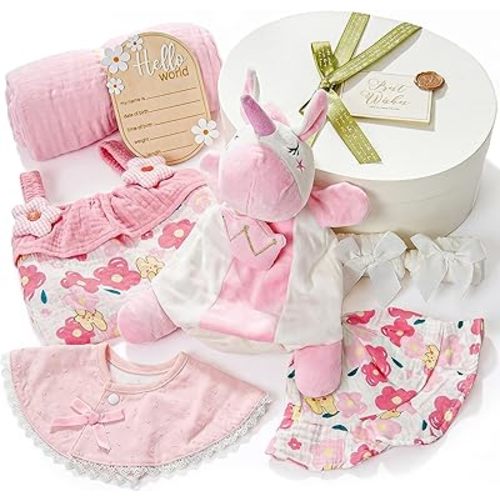 TUZT Newborn Baby Girl Gift Set 9PCS, Baby Shower Gift Box with Onesie Blanket Hand Puppet, Newborn Essentials for Baby Girls 0-9 Months, Hospital Homecoming & Photography Outfit Birthday Present