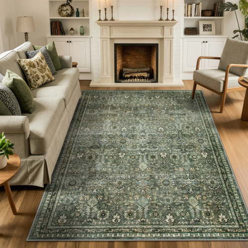 Lahome Sage Green Area Rug 6x9, Machine Washable Rugs for Living Room, Boho Olive Green Bedroom Rug, Vintage Soft Room Carpet for Dining Room Nursery Apartment Office