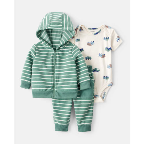 Baby Boy 3-Piece Construction Striped Print Hooded Zip-Up Jacket, Bodysuit & Pant Set - Green | Carter's