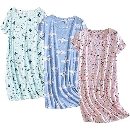 PNAEONG 3 Pack Women's Cotton Nightgown Short Sleeve Shirt Print Sleepdress