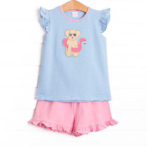 Pool Day Pooch Applique Ruffle Short Set, Blue – Stitchy Fish