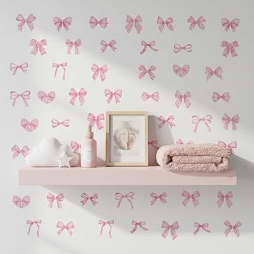 60Pcs Watercolor Bowtie Wall Stickers - Coquette Aesthetic Vinyl Decals for Room Decor in Light Pink, Sky Blue, Mint Green, Lavender Peel and Stick Nursery, Bedroom, Kindergarten Wall Art (Pink)