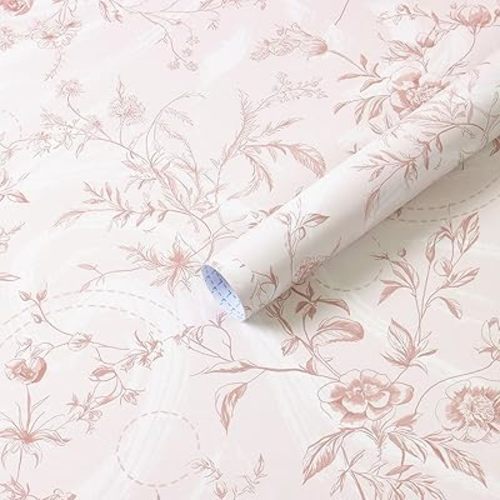 Dimoon Floral Peel and Stick Wallpaper Pink Contact Paper Vintage French Removable Self-Adhesive Wallpaper 17.3''x236''Botanical Contact Paper for Cabinets Thickened Waterproof Bedroom Vinyl Roll