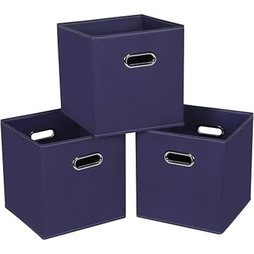 Fabric Cloth Storage Bins,Fabric Cube Bins Organizer with Dual Handles Foldable Cube Storage Baskets for Home Bedroom Storage,Set of 3,(Navy Blue)