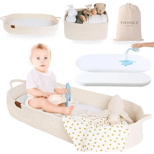 Baby Changing Basket with Diaper Caddy - Beige Moses Basket for Babies - Cotton Rope Diaper Changing Basket - Baby Diaper Changing Pad for Dresser - Changing Table Topper for Dresser