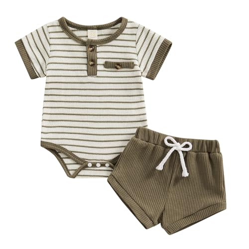 Kuriozud Newborn Baby Boy Summer Clothes Button Short Sleeve Romper Bodysuit Shorts Set Toddler Soft Waffle Outfit