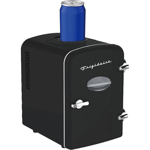 Frigidaire EFMIS171-BLACK Retro Mini Portable Personal Fridge - Ideal for Home, Office or Dorm - Features Active Cooling Can Holder on Top - Includes Carrying Handle, AC/DC Wall/Car Charger - Black