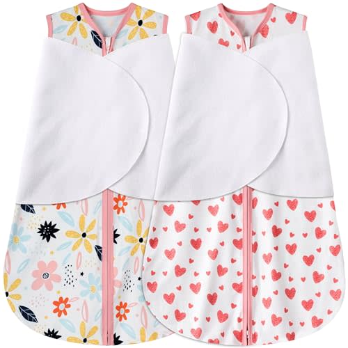 BSTOPPT Newborn Sleep Sack Baby Swaddle,3-6 Months,3-Way Adjustable Wearable Blanket,100% Rayon Cotton Swaddling sleeping bag，TOG 0.5（Heart&Floral）