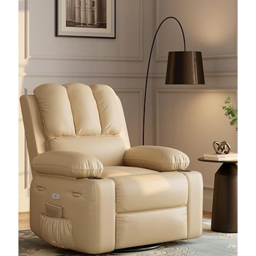 Oversized Power Recliner Chairs with Massage and Heat - 360° Swivel Faux Leather Rocking Chair for Adults with Cup Holder for Living Rooms, Bedrooms, and Nurseries - Beige