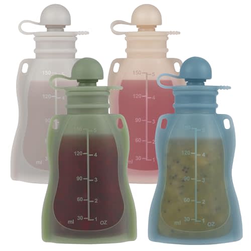 Eascrozn 4 Pack Silicone Baby Food Pouches Reusable 5OZ Containers | Refillable Squeeze Pouches with Straw for Toddlers Kids, BPA Free, Baby Food storage Containers,Dishwasher and Microwave Safe