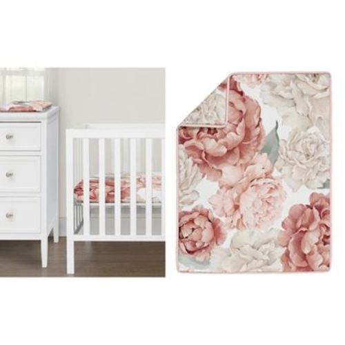 Sweet Jojo Designs Girl Baby Mini Crib Bedding Set - Peony Floral Garden Pink and Ivory 3pc