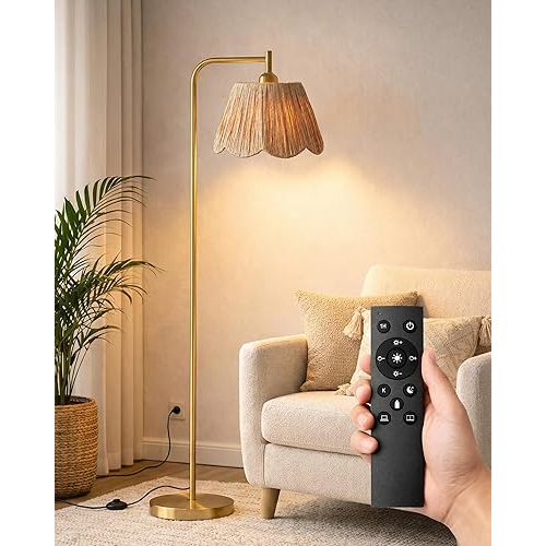 JOOFO Boho Floor Lamp with Remote & Foot Switch, Brushed Gold Standing Lamp with Scalloped Textured Shade, Stepless Dimmable Tall Lamp for Living Room Bedroom Office Reading(Bulb Included)