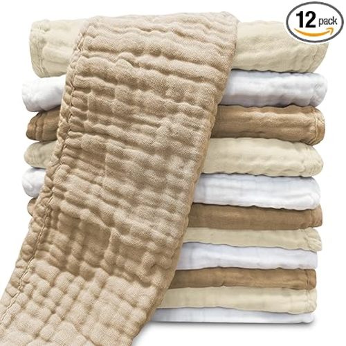 Sunny zzzZZ Muslin Burp Cloths for Baby 100% Cotton Burping Cloths for Unisex, Boy, Girl - Large 20'' by 10'' Newborn Essentials Ultra Soft Absorbent Milk Spit Up Rags - 12 Pack - White+Ivory+Brown