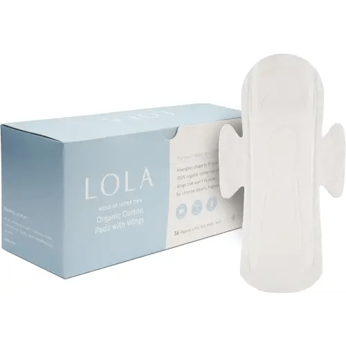 LOLA Cotton Pads - Ultra Thin Pads with Wings - Organic Cotton Hypoallergenic Material - Organic Panty Liners - 36 Count, Regular