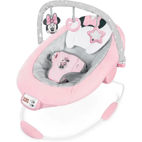Bright Starts Disney Baby Minnie Mouse Comfy Baby Bouncer Soothing Vibrations Infant Seat - Music, Removable -Toy Bar, 0-6 Months Up to 20 lbs (Rosy Skies)