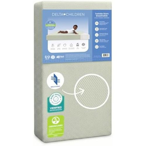 Delta Children Twinkle Stars Breathable Baby Bed Crib Mattress and Toddler Mattress with Removable/Machine Washable Cover - GREENGUARD Gold – Waterproof - Sustainably Sourced Core Fiber Core, Green