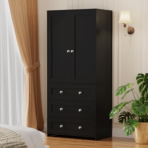 VOWNER Armoire Wardrobe Closet with Drawers and Mirror, 71" Clothing Storage Cabinet with Hanging Rod, 2 Doors Wooden Wardrobe Cabinet for Bedroom, Large Capacity Storage