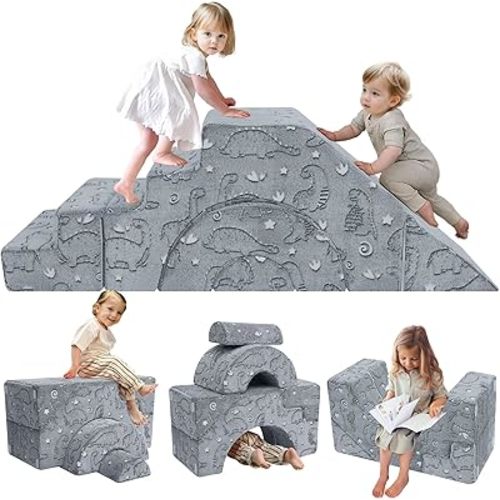 MeMoreCool Foam Climbing Toddler Couch, Modular Kids Sofa with Slide & Stair, Convertible Baby Couch for Playroom, Sectional Furniture for Crawling, Climbing, and Kids’ Play
