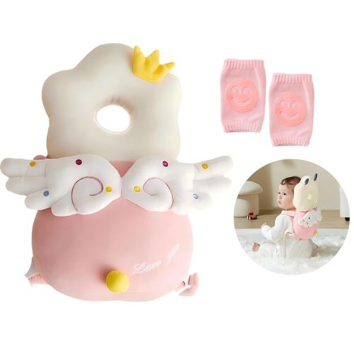 Baby Head Protector, Baby Fall Back Head Protector, Adjustable Baby Head Protection Backpack with Baby Knee Pads for Crawling, Safety Baby Head Protector, Baby Walking Harness (Angel Baby)