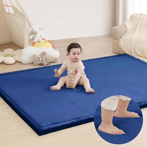 Huloo Sleep Ultra Soft Baby Play Mat for Floor, 1.3" Thick Elasti-Foam 65x50 Play Mat for Playpen,Water-Repellent Coral Velvet for Tummy Time, Non-Slip Backing,Safe for Toddlers & Infants （Dark Blue）