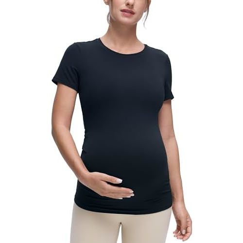 CRZ YOGA Softembrace Maternity Crew Neck Short Sleeve Shirts - Soft Casual Pregnancy Tops Going Out Basic T-Shirts for Women