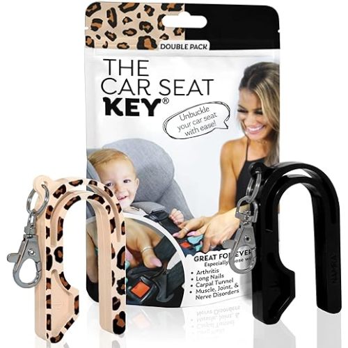 The Car Seat Key - Original Car Seat Key Chain Buckle Release Tool - Easy Unbuckle Opener Aid for Nails, Parents, Grandparents & Older Children by NAMRA Made in USA (2 Pack, Leopard & Black)
