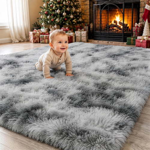 Sanmadrola Area Rugs for Bedroom, Fluffy Shaggy Soft Area Rug, Non-Slip Indoor Floor Carpet for Living Room, Kids Baby Boys Teen Dorm Home Decor Aesthetic, Nursery, 5.2x6.5 Ft Tie-dye Gray