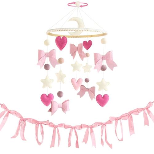 Pink Bow Baby Crib Mobile with Pink Ribbon Bow Garland Banner Handmade Coquette Birthday Party Decorations Bow Nursery Decor Girls Bedroom Hanging Mobile for Baby Shower Newborn Gifts