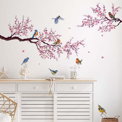 Cherry Blossom Wall Art Decals Bird Branch Floral Wall Stickers DIY Removable Jungle for Baby Nursery Playroom Bedroom Classroom Kindergarten Wall Decor