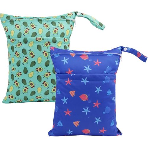 ALVABABY 2pcs Cloth Diaper Wet Dry Bags Waterproof Reusable with Two Zippered Pockets Travel Beach Pool Daycare Soiled Baby Items Yoga Gym Bag for Swimsuits or Wet Clothes LZX4344