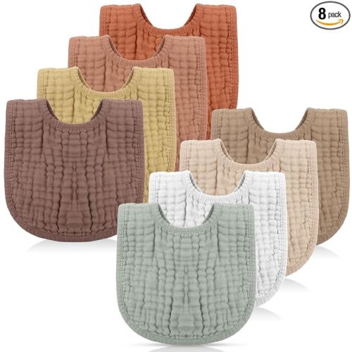 Frienda 8 Pcs Muslin Baby Bibs Cotton Bandana Drool Bibs Bulk for Drooling Infant 6 Absorbent Layers Feeding Accessory(Warm Colors)