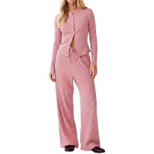 Womens Striped Set 2 Piece Slim Fit Long Sleeve Button Tops Wide Leg Drawstring Pants Y2K Outfits Leisure Lounge Set
