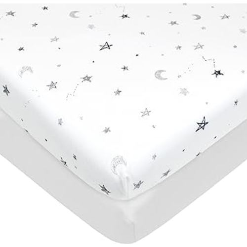 American Baby Company 2 Pack Printed 100% Natural Cotton Jersey Knit Fitted Portable/Mini-Crib Sheet, Gray Star and White, Soft Breathable, for Boys and Girls