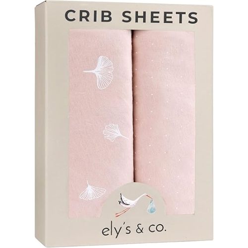 Ely’s & Co. Crib Sheet 2-Pack — Combed, 100% Jersey Cotton for Baby Girl — Rosewater Pink, Pin Dots & Gingko Leaves 52” x 28”