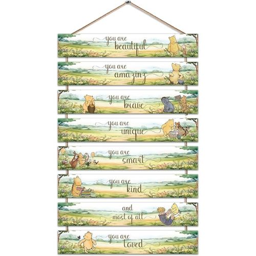 the Pooh You are Beautiful Brave Inspirational Sign, 8Pcs Winnie Wooden Wall Signs, Cute Baby Shower Wall Art Decorations, Classic Pooh Birthday Party Baby Shower Party Supplies 11.8 * 1.9IN