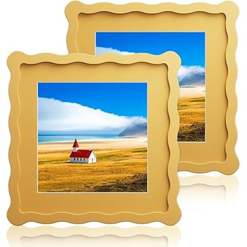 8X8 Wavy Picture Frame With Mat For 6X6, Wavy Edge Wooden Picture Frame with Real Glass - Wall Mount and Tabletop Display, Yellow, 2 Pack