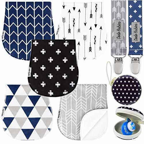 Dodo Babies 5-Pack Baby Burp Cloths - Soft, Absorbent Cotton Burp Cloths - Includes Pacifier Case and 2 Pacifier Clips - Colors: Black, Blue and Gray - Baby Essentials