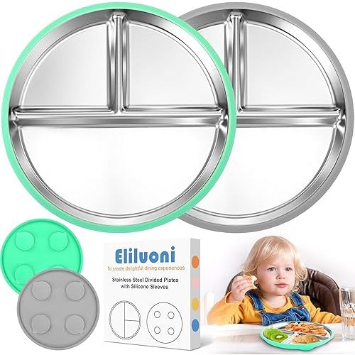 Stainless Steel Kids Plates, Stainless Steel Toddler Plate with Suction,2 Pack Divided Suction Plates for Baby, 9” Plates Removable Baby Snack Dishes,Non Toxic Toddler Plate,BPA Free & Dishwasher Safe