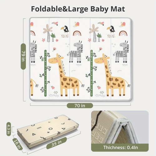 71"x79" Large Baby Play Mat - Waterproof Foam Floor Mat with Travel Bag, Cute Animal & Nature Designs for Tummy Time - Indoor/Outdoor Use, Foldable & Easy to Clean (Mixed Colors)