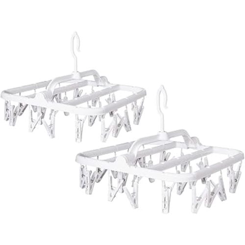 Foldable Plastic Hangers with 26 Drying Clips, Underwear Hanger with Clips, Plastic Laundry Clip and Drip Drying Hanger for Socks, Bras, Lingerie, Clothes, Sturdy, White, 2pc